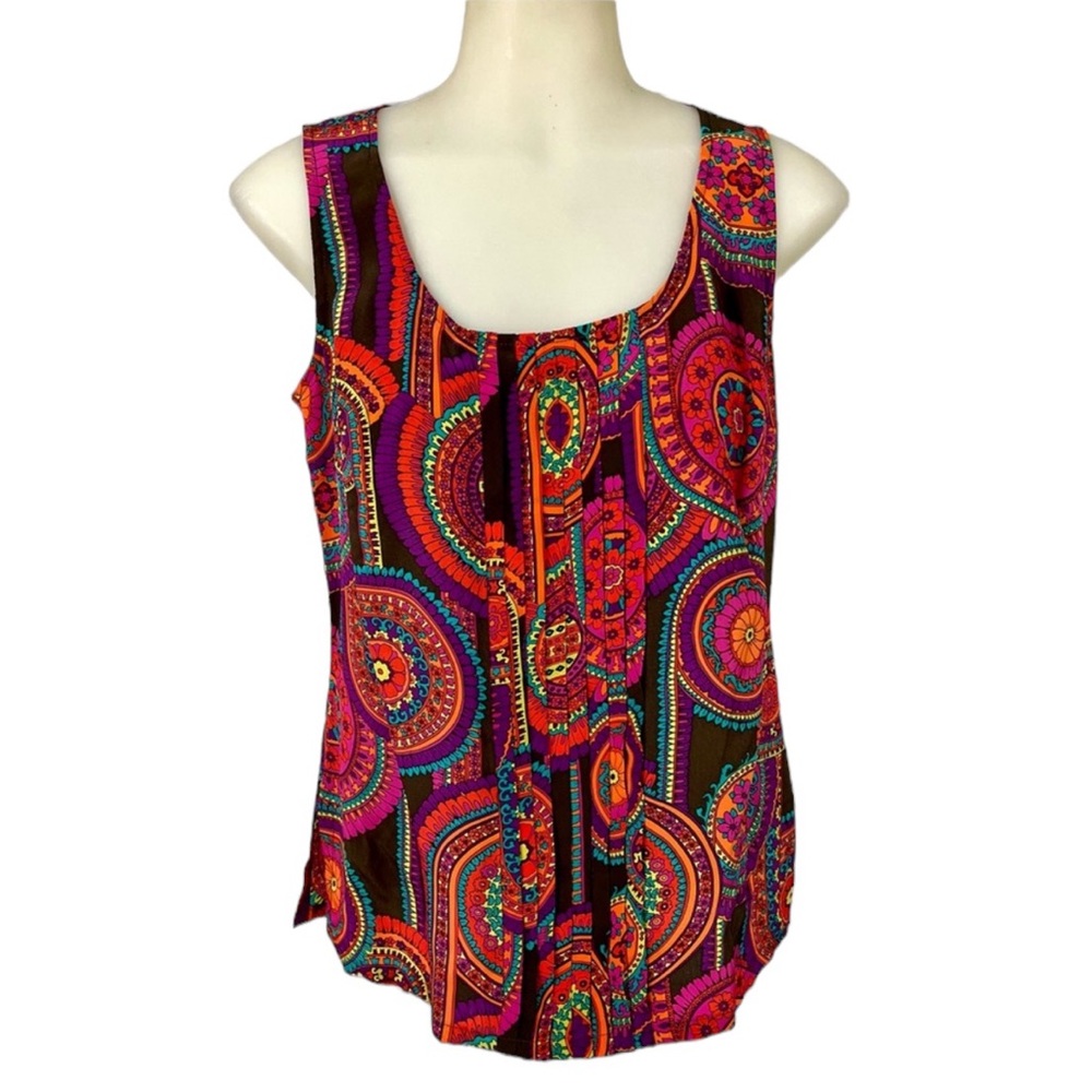 Vintage TINA TURK Retro Blouse Silk Lightweight Colorful Pleats Top Small